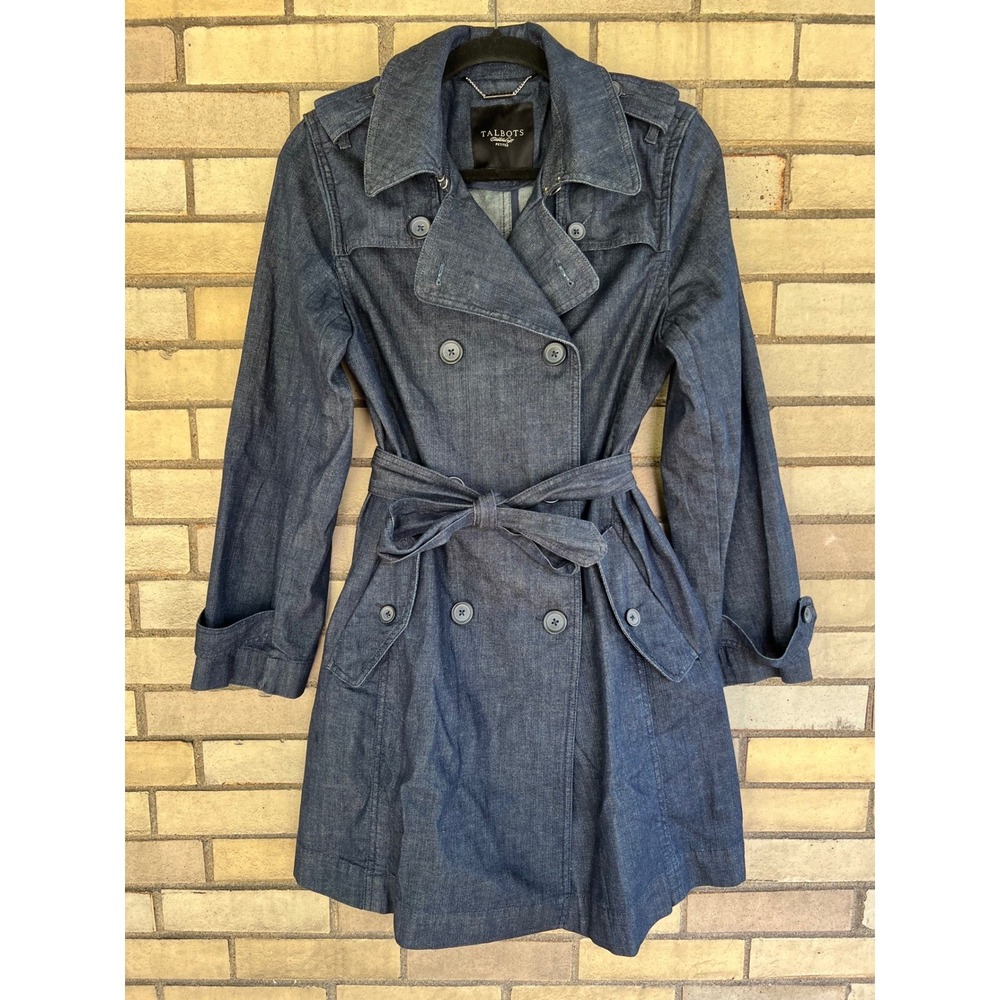 Talbots Petites Dark Wash Denim Double Breasted Trench Coat Size 10P Medium